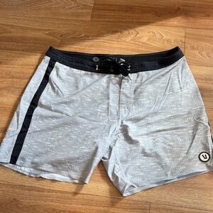 Vuori Light Gray Swim Trunks with Black Waistband and Side Stripe